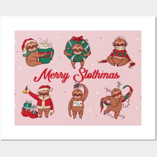 Merry Slothmas // Cute Christmas Sloth Cartoons Posters and Art